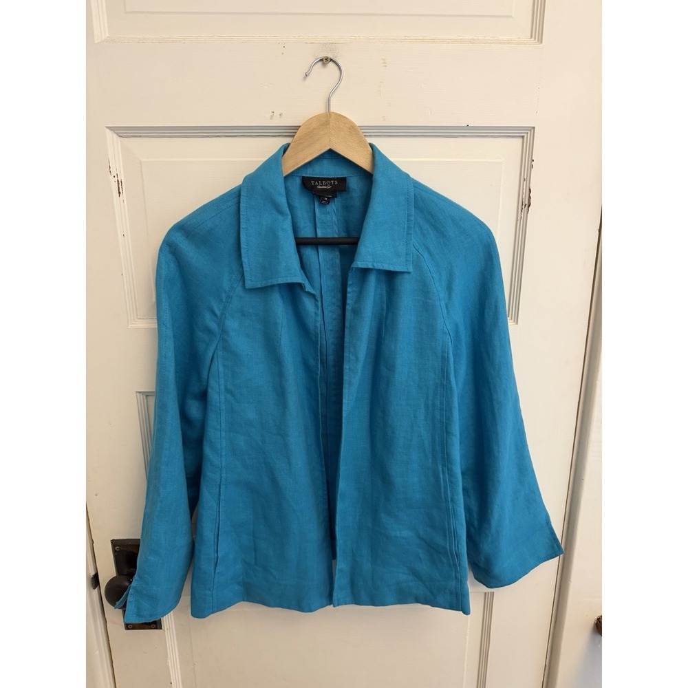 Talbots Vintage Women's Blue Pure Irish Linen Collared Open Jacket Pockets Sz M